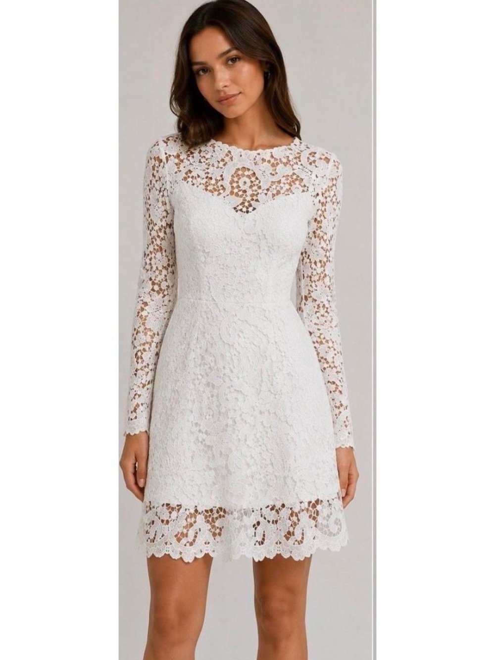 Fashion Nova White Long-Sleeve Lace Midi Dress